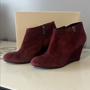 Anne Klein Burgundy Suede Wedge Booties